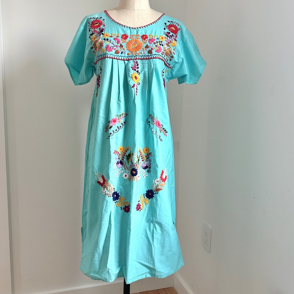 Girls Vintage Mexican Embroidered Dress Floral Cotton Teen 10-14 Women XS